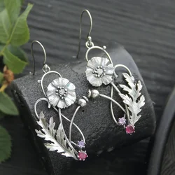 Vintage Silver Color Flower Pendant Earrings Women Statement Design Inlay Zircon Tassel Dangle Hook Earring Jewelry Gift For Her