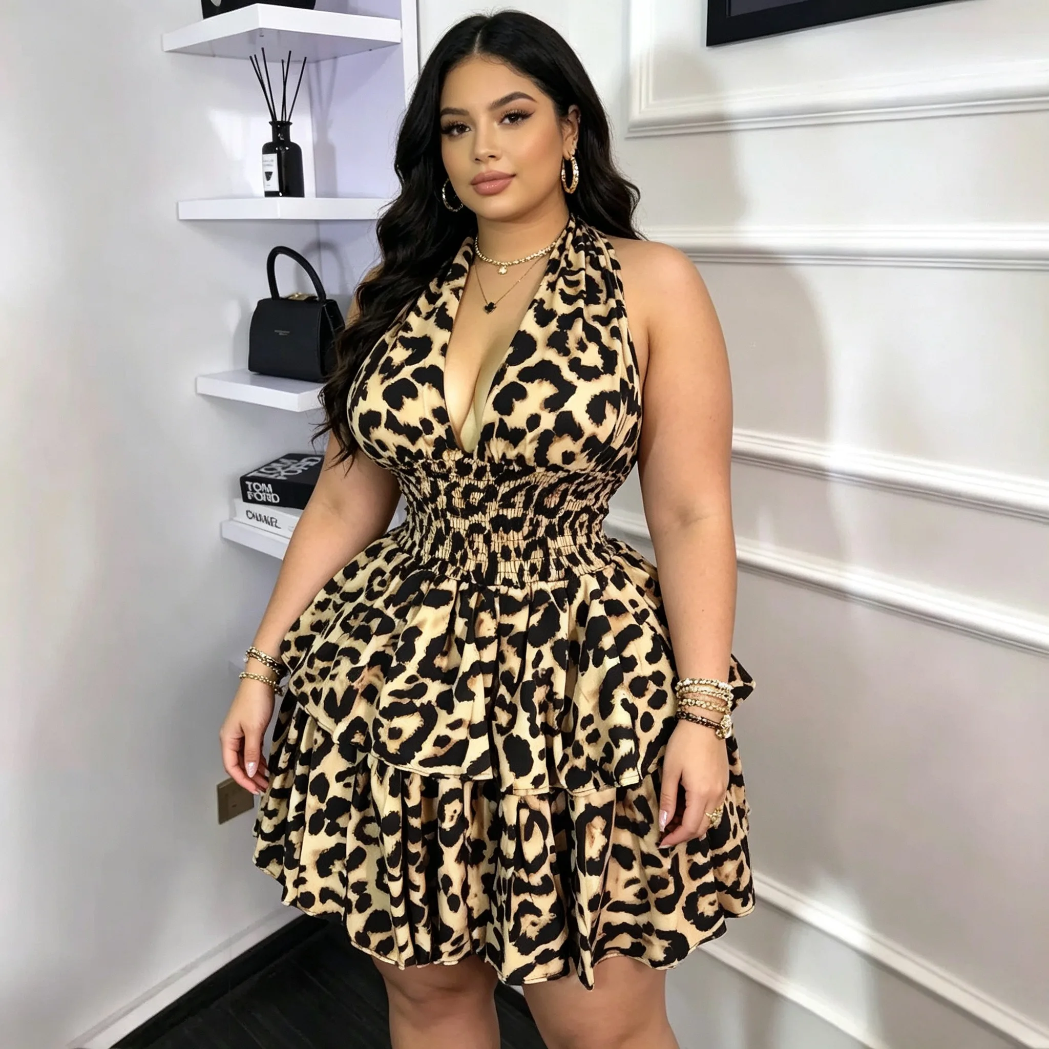 Plus size mini dress with leopard print, halter neckline, and layered ruffle skirt