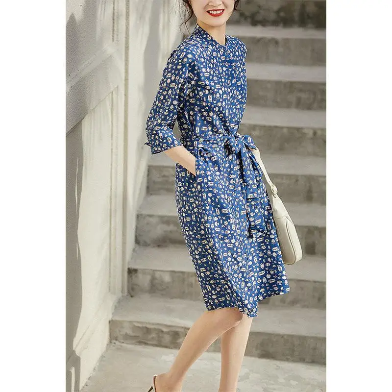 Heavy Silk Dress 2024 Summer New Printed Stand-up Collar Silk Shirt-style Women Dress Mulberry Silk Dress Summer