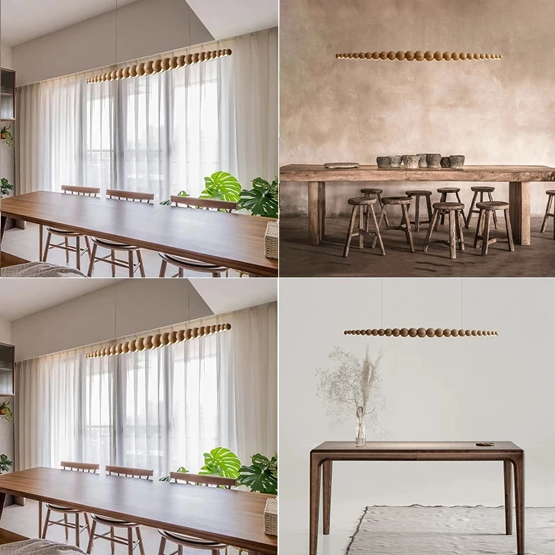 Modern Wooden Beads Long Linear LED Pendant Lights Dimmable With RC Indoor Hanging Lamp Kitchen Island Dining Living Room Office