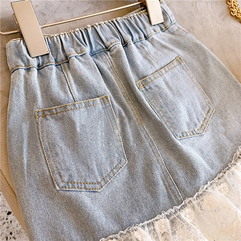 2024 Summer New Baby Girls Loose Short Skirt Children\'s Clothing Sweet Lace Patchwork Denim Skirt For Girls Versatile Skirt