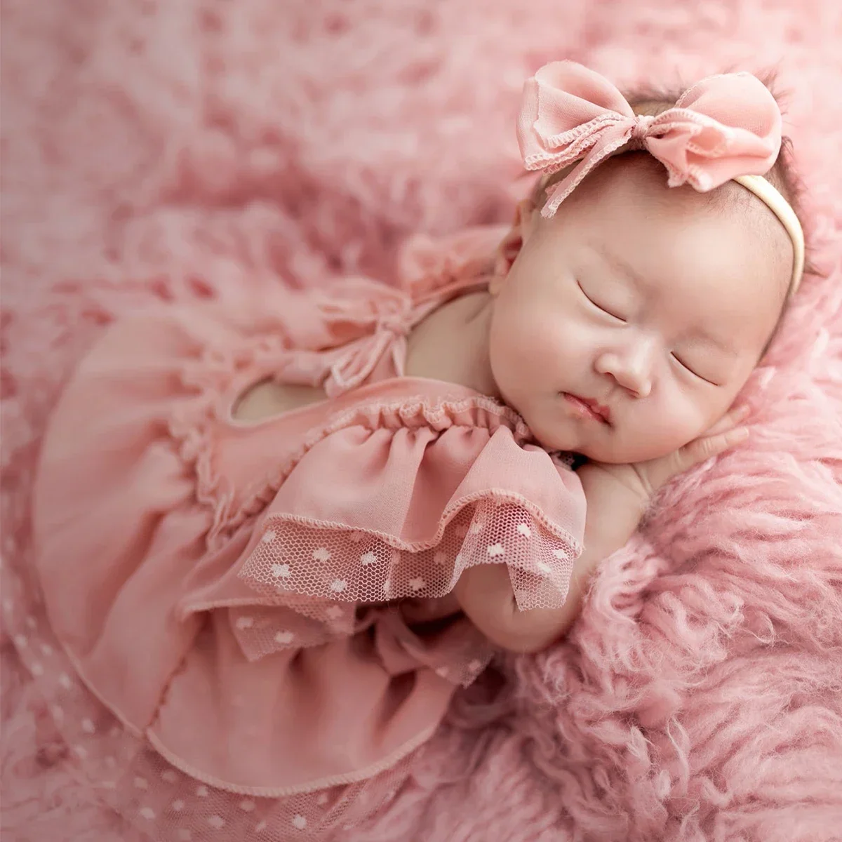 Newborn Photography Photo 2 Pieces Set Dusty Pink Chiffon Newborn Romper  Bow Hairband Dot Lace Baby Girl Photography Outfits