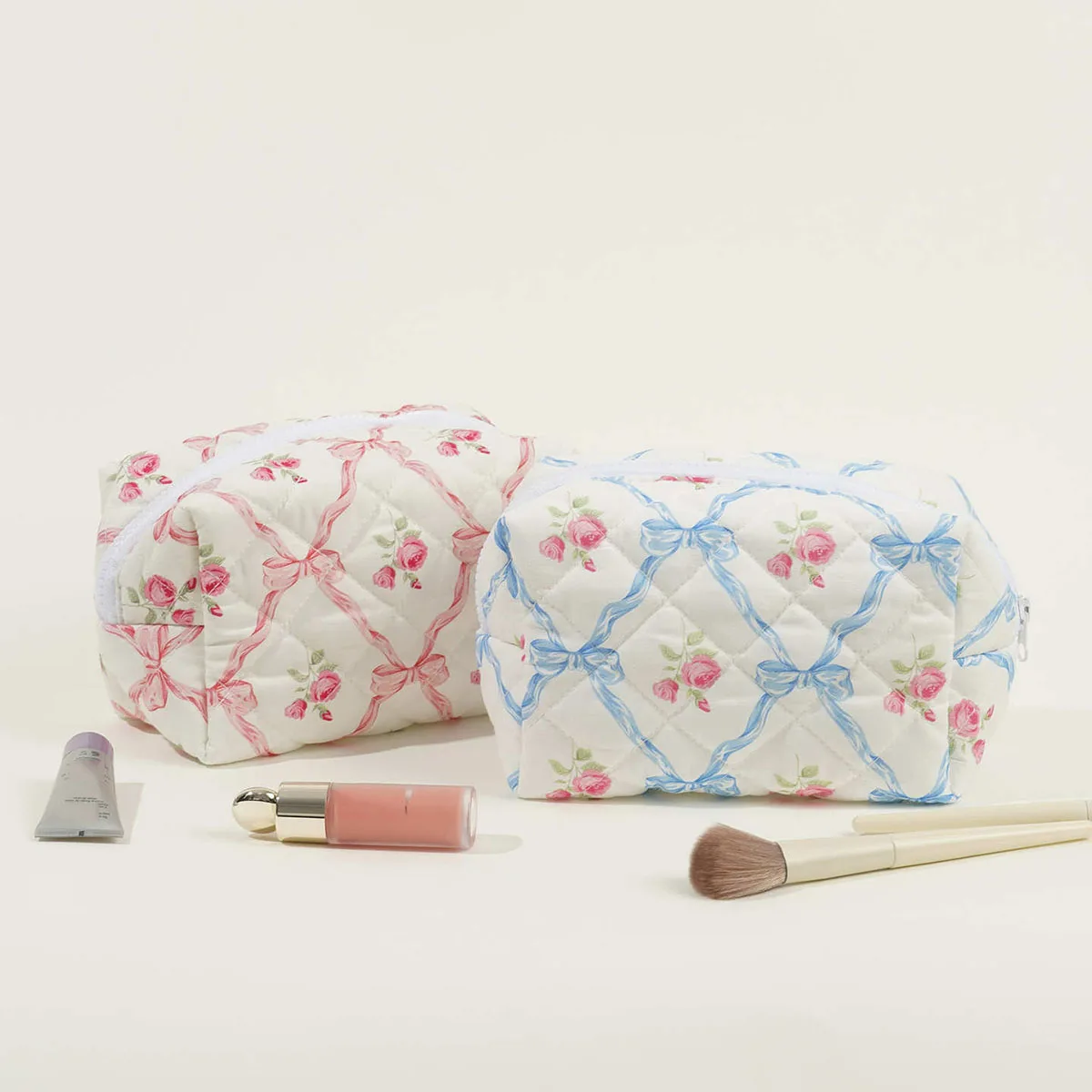 Cotton Quilted Makeup Bag with Large Capacity Bow Print Rose Storage Wash Bag