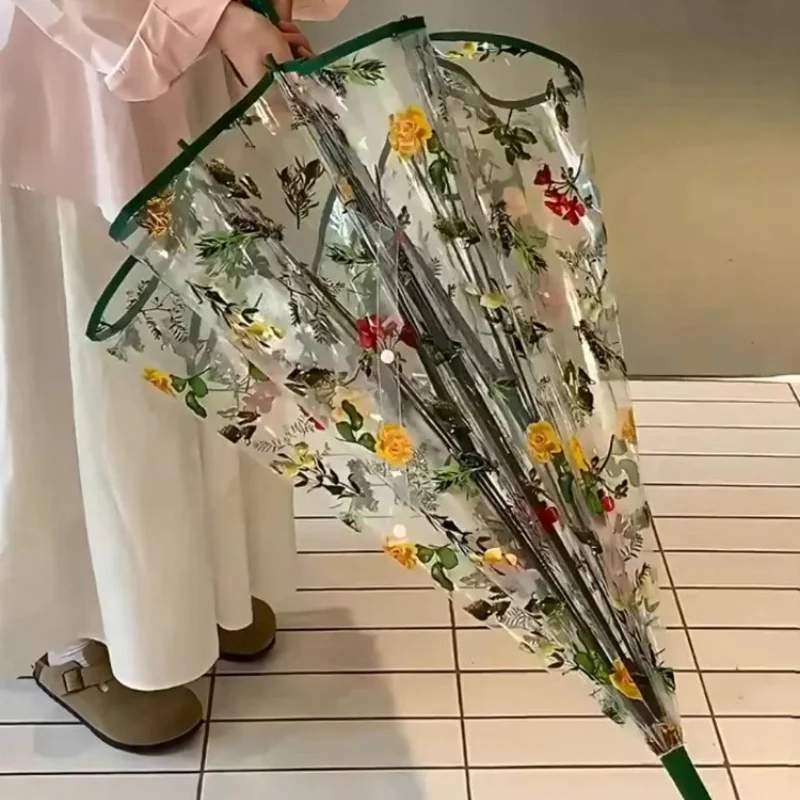 

Umbrella Transparent high-value flower slender curved handle umbrella Long handle umbrella Semi-automatic
