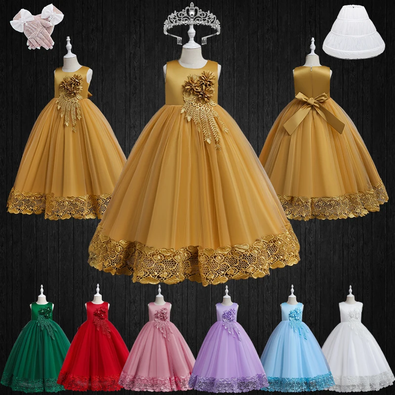 

2023 Formal Children Embroidered Lace Flower Bridesmaid Party Dresses for Girls Christmas Long Ceremony Wedding Occasion Costume