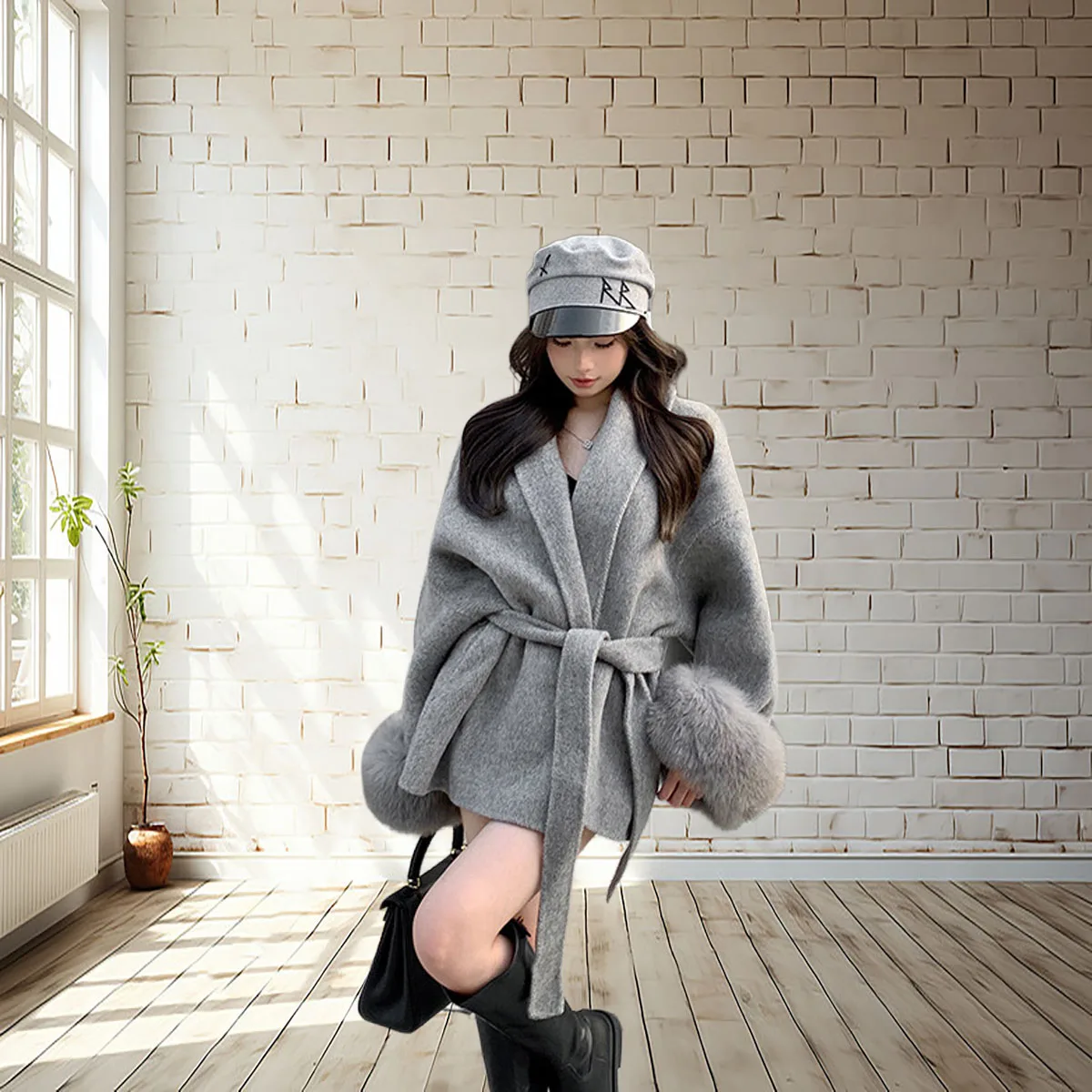 

Grey V-neck lace up wool coat women's autumn and winter loose high-end coat splicing mid length temperament top