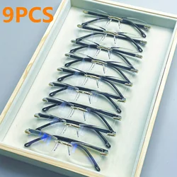 9-Pack Vintage Style Rimless Reading Glasses - Rectangular Frame, Blue Light Blocking, Anti-Fatigue, Unisex, Lightweight PC