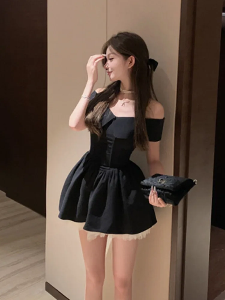 French Hepburn Elegant Lady Mini Evening Party Dress Mesh Stitching A Line Summer Dresses For Women Off Shoulder Slim Sexy Dress