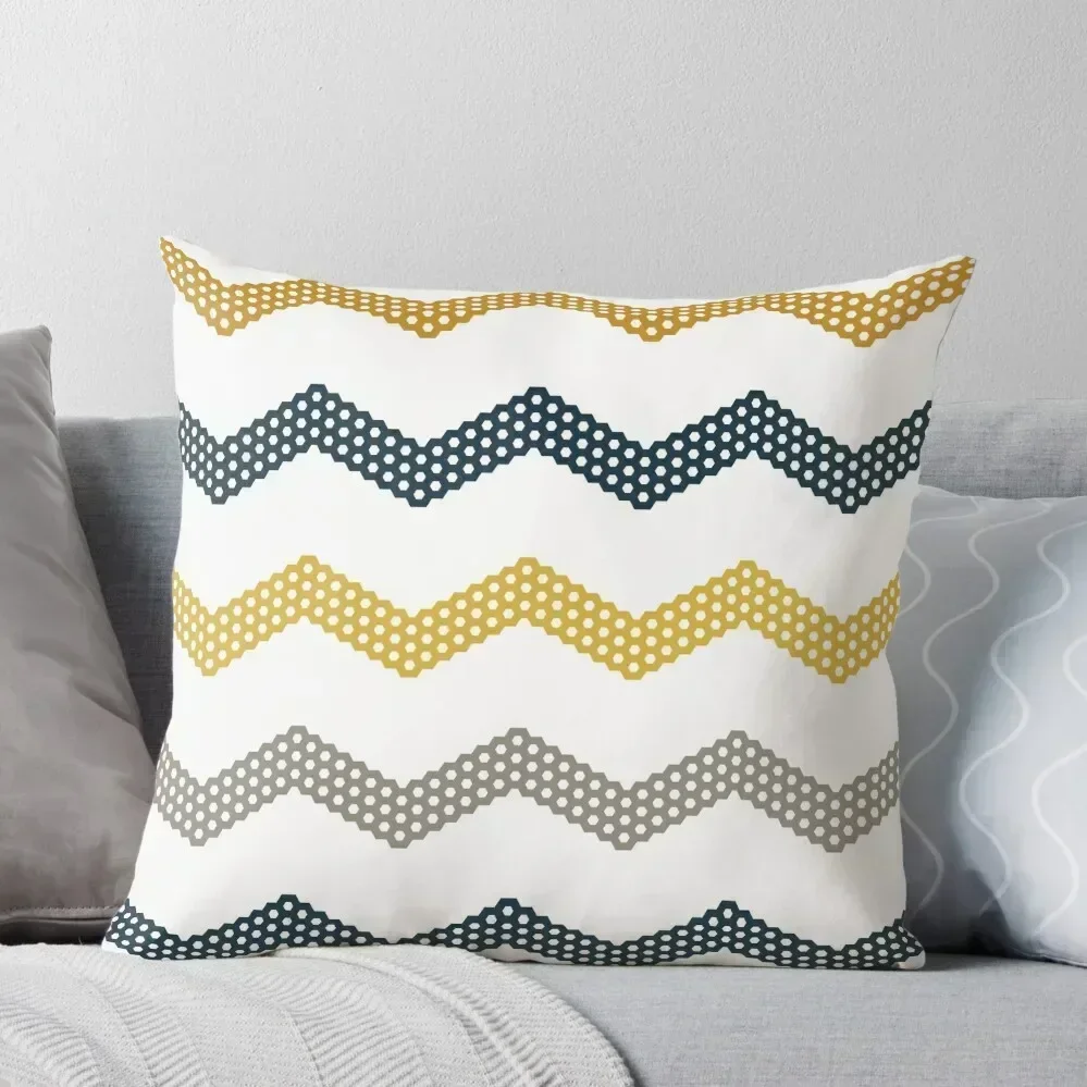 

Honeycomb Chevron in Mustard Yellow, Dark Blue, Grey, and White. Minimalist Geometric Pattern Throw Pillow