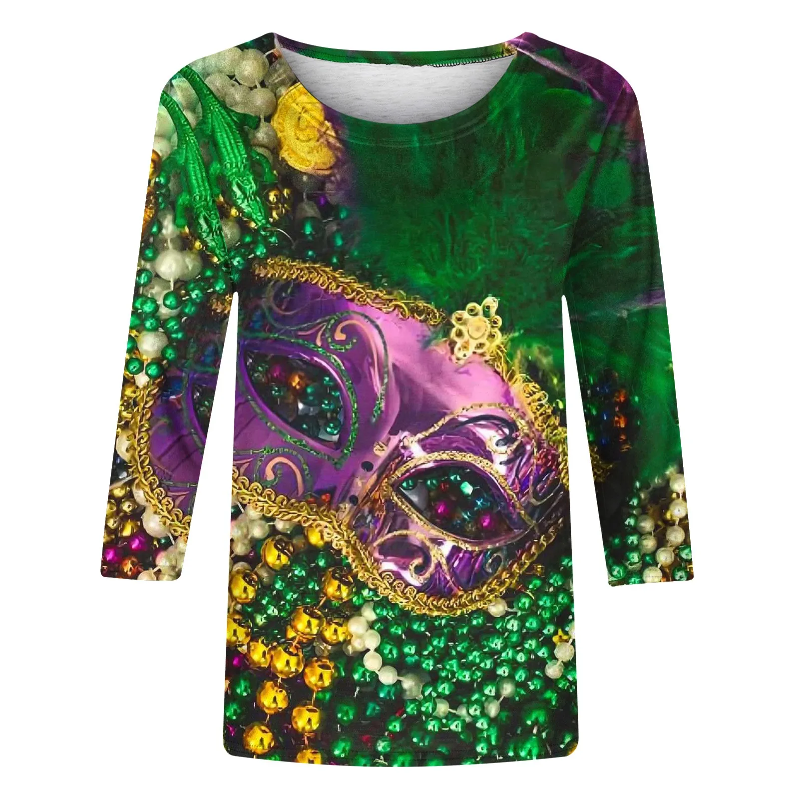 Mardi Gras Sequin Beads Carnival T Shirt 3D Print Exquisite Pattern 3/4 Sleeves Round Neck Pullovers Tops Colorful Street Tees