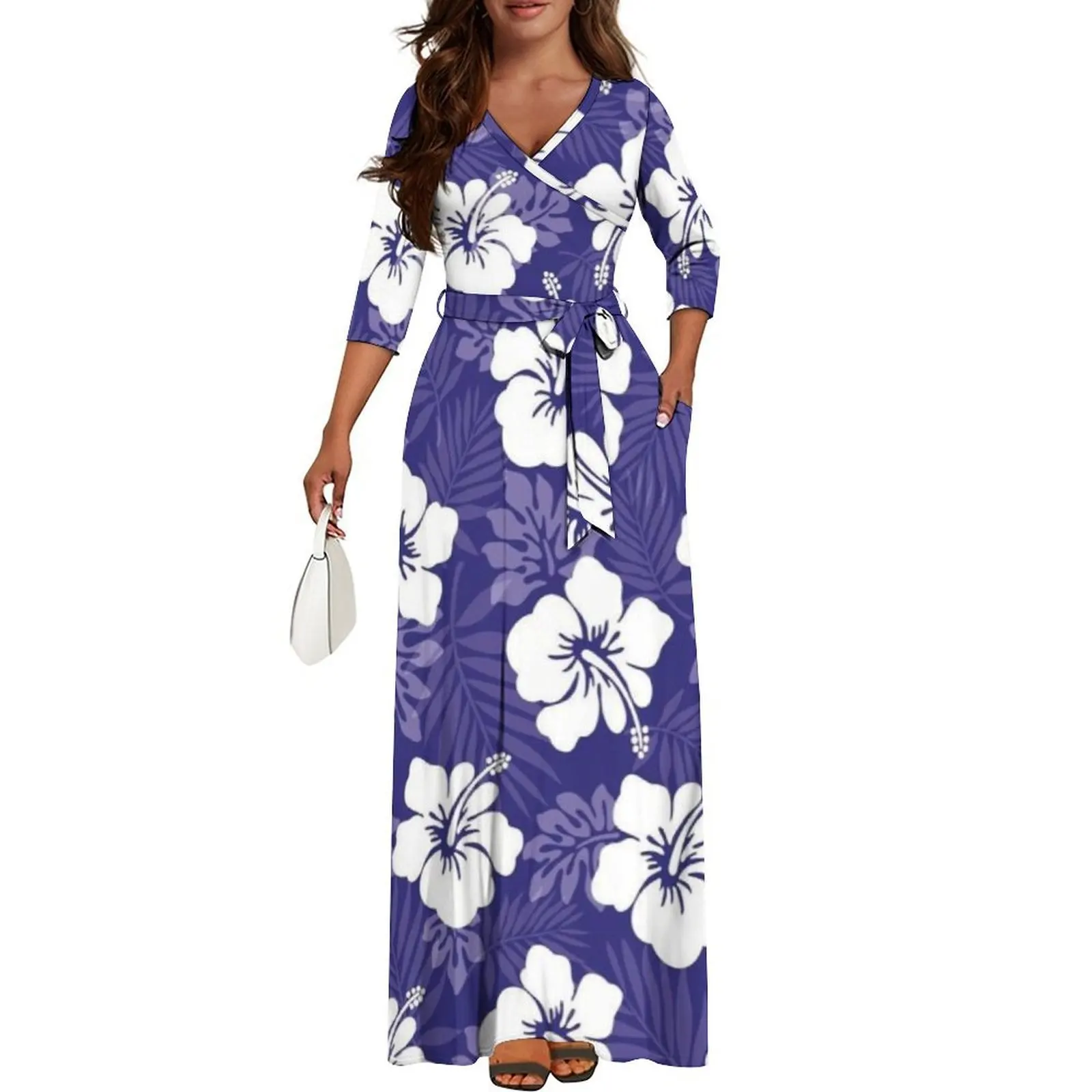 

Полинезийское женское платье на заказ, длинное платье в стиле ретро с v-образным вырезом, повседневное и элегантное длинное платье с узором гибискуса