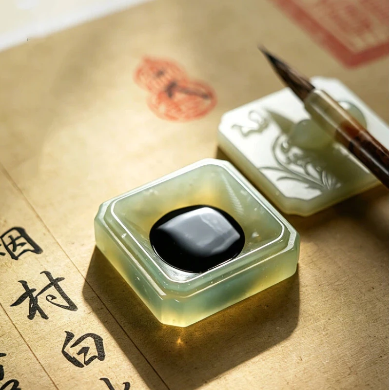 Jade Pen Holder Ink Dish with Lid Portable Multifunctional Calligraphy Brush Gift Box for Practice Chinese Study Decoration