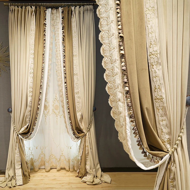 

Custom High-grade beige velvet living room French embroidered villa shading cloth blackout curtain tulle drape C1760