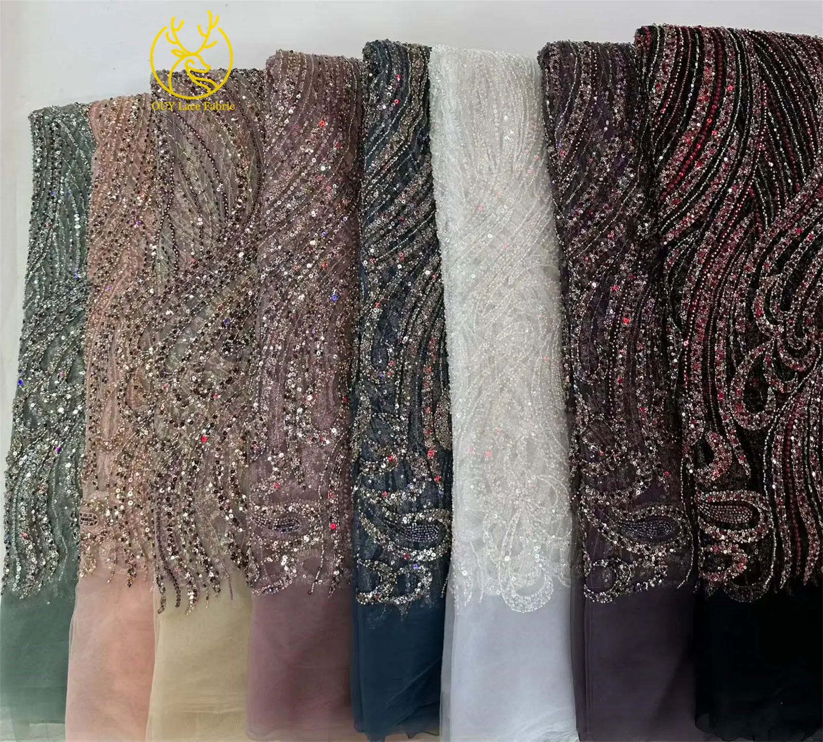 Afrikanischer handgefertigter, stark perlenbesetzter Tüll-Stickerei-Spitzenstoff, französischer Pailletten-Spitzenstoff für nigerianische Hochzeitskleider – Detail 4