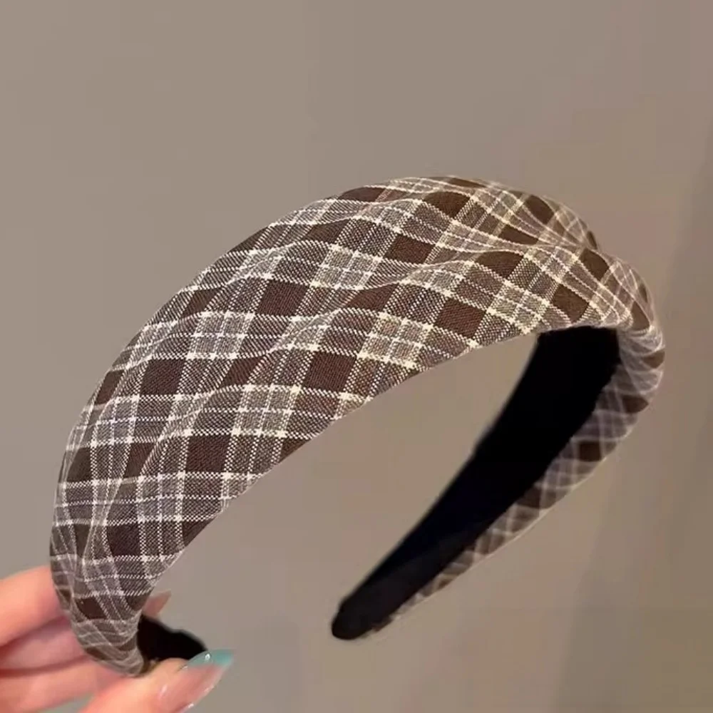 Wide Padded Headband Women Brown Plaid Checkered Hair Hoop Pleated Fabric Hairband Retro Casual Hair Accessories For Girls