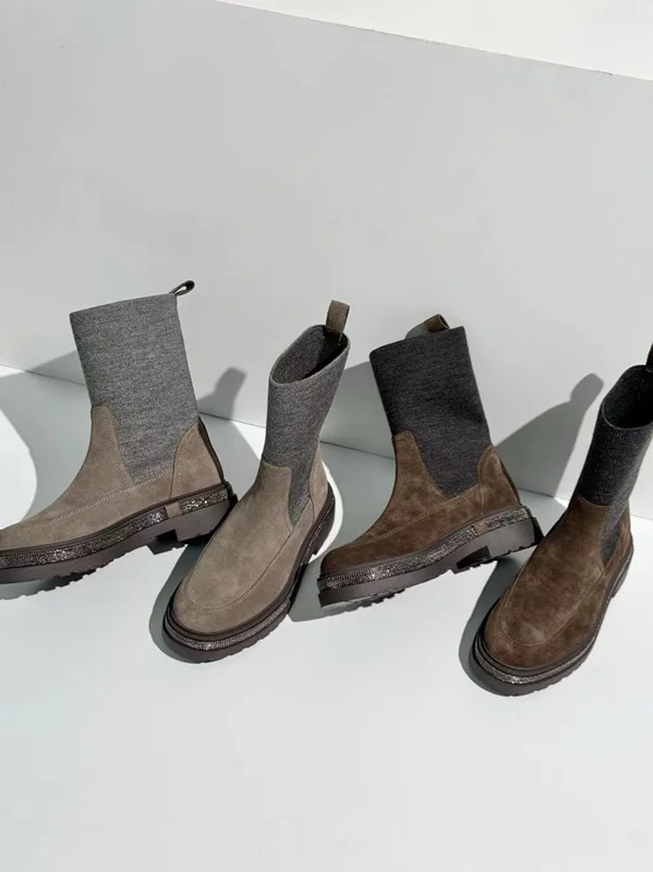 

Withered 2026 Minimalist Women's Wool And Cowhide Patchwork Socks Boots Women Kniited Vintage Chelsea Boots Shoes Girls