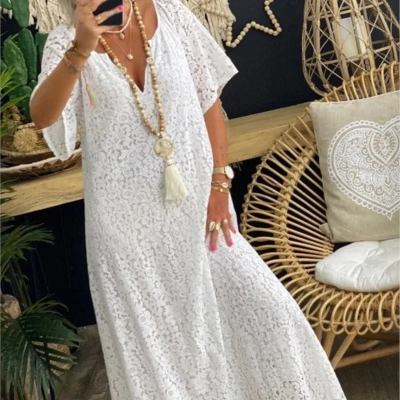 Fashionable Summer Dress Women's Elegant White V-neck Short Sleeved Casual Long Dress Women's Lace Crochet Vacation Maxi Dresses