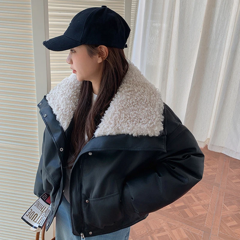 2026 Winter New Thick PU Leather Coat Women Cropped Fluffy Lapel Collar Padded Jacket Female Zip-up Streetwear Cool PU Parkas