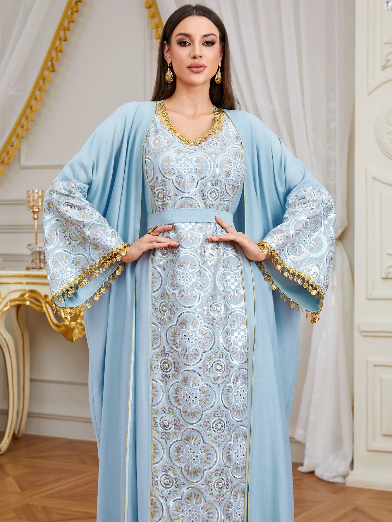 

Мусульманское платье для женщин: вышитое открытое кимоно-абайя, внутреннее платье, комплект из 2 предметов, джалабия, роба для Рамадана, кафтан, кебайя, Дубай