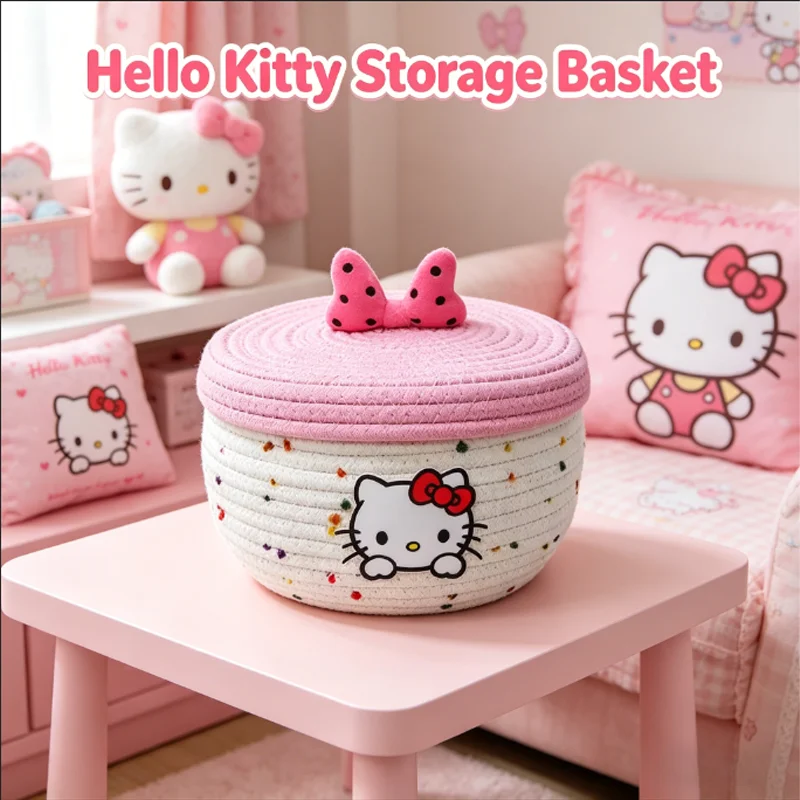 Cesta de almacenamiento tejida a mano de Hello Kitty, organizador de juguetes para niños, caja de almacenamiento de artículos diversos, cestas de lavandería, caja de almacenamiento
