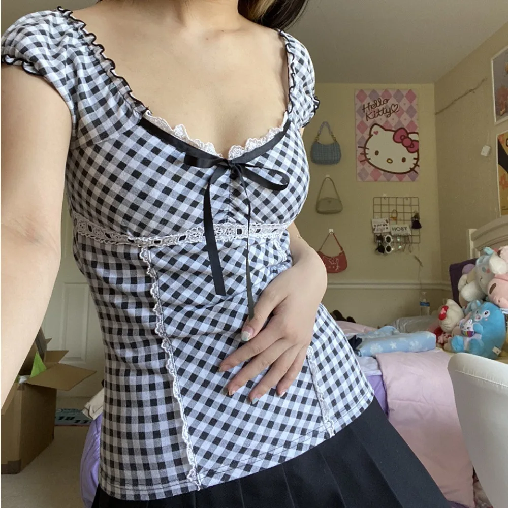 

2000s Retro Cottage Milkmaid Crop Tops Fairycore Kawaii Short Sleeve Tees Vintage Y2K Aesthetic Preppy Cute Women T-Shirts