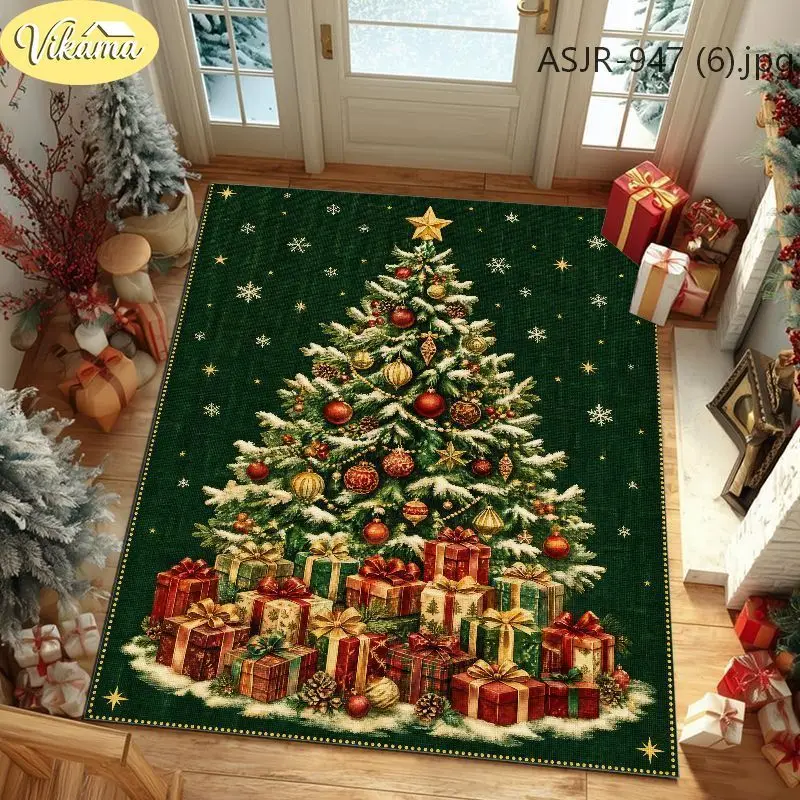 VIKAMA Christmas Area Rug Xmas Tree Gift Box Snowflake Star Print Non Slip Carpet For Living Room Bedroom Home Decoration