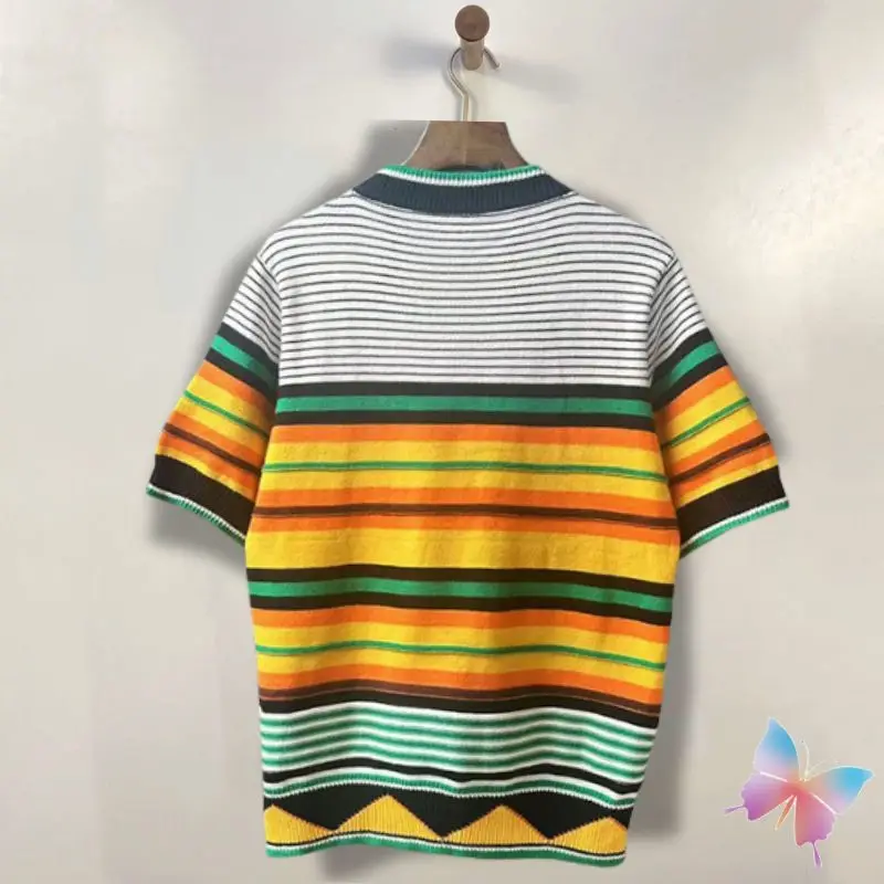 Summer Rainbow Striped Printed Round Neck Knitted Short Sleeved Shirts Men Women Fashion Street CASA 2XL Tshirts