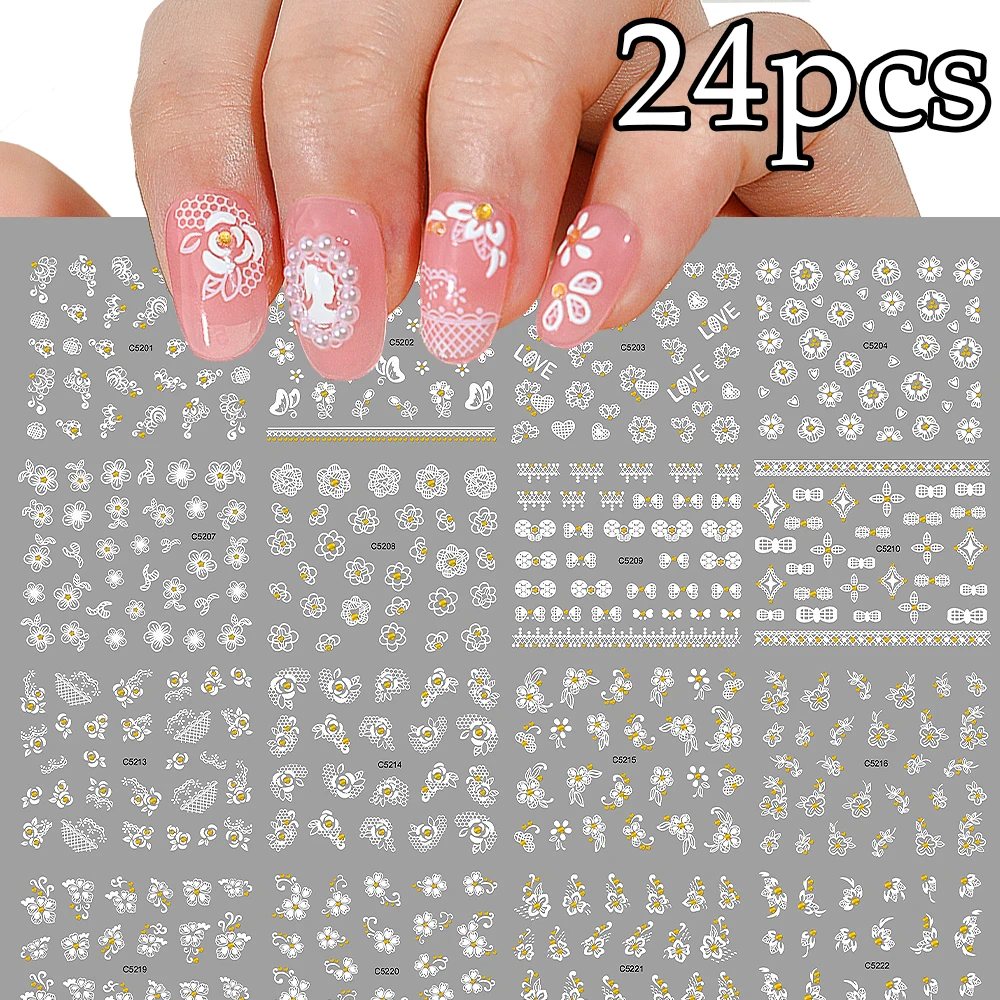 24pcs Rhinestones White Flower Nail Stickers Self-Adhesive Hollow Out Butterfly Nail Decals Elegant Manicure Decoration Sliders