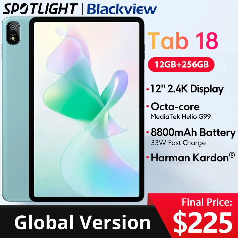 

【Мировая премьера】12-дюймовый планшет Blackview Tab 18, 8 ГБ, 256 ГБ, 16 МП, 2,4K, дисплей FHD+, 8800 мАч, аккумулятор Widevine L1, MTK Helio G99, 33 Вт