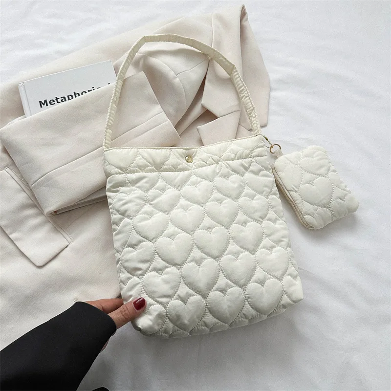 Women\'s Bags Solid Color Quilted Tote Bag Large Capacity Cotton Padded Handbag Trendy Fluffy Shoulder Bag for Winter Purse Bolsa