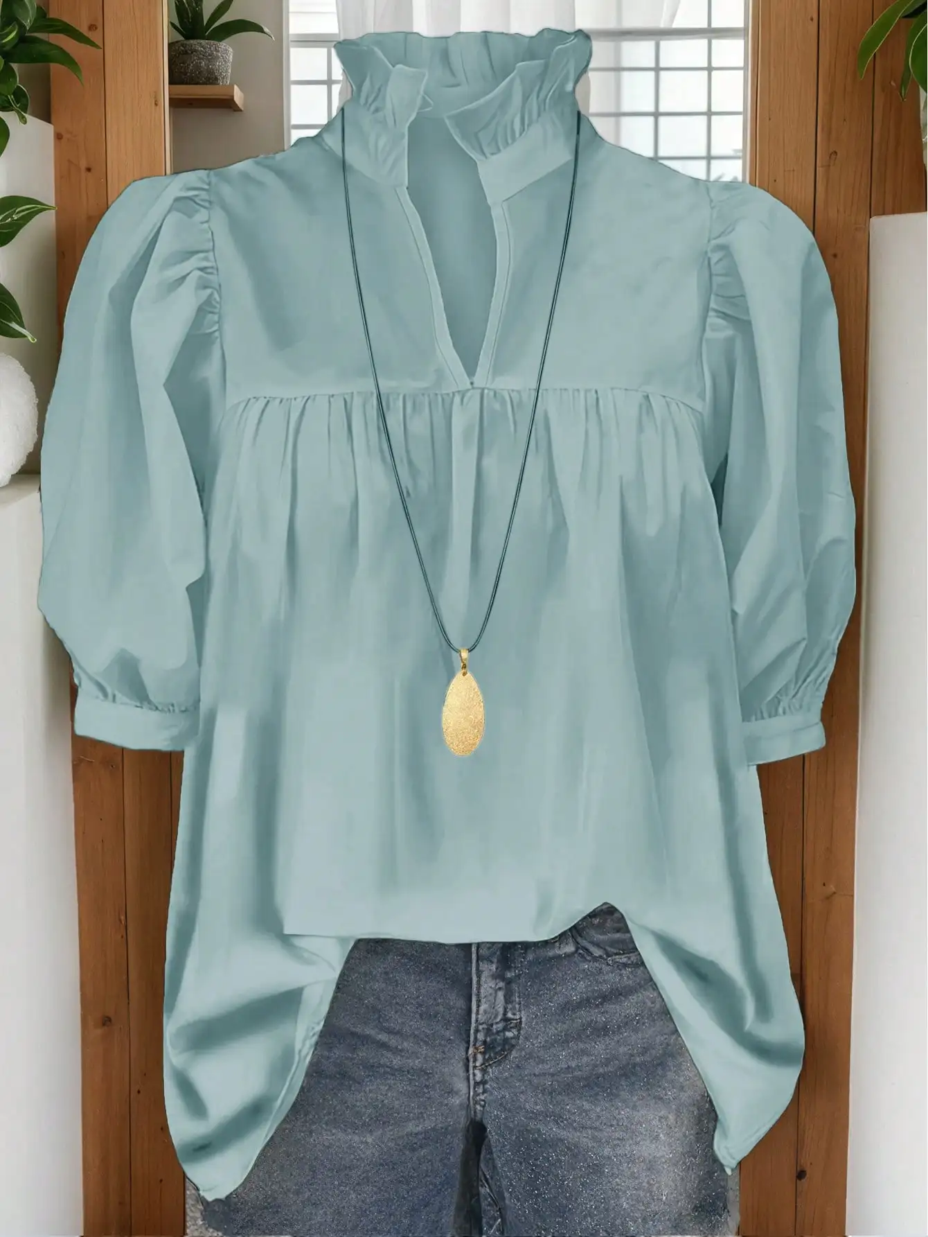 

Женская блузка с пышными рукавами и рюшами на воротнике, свободного кроя, однотонная, повседневный топ на весну-лето