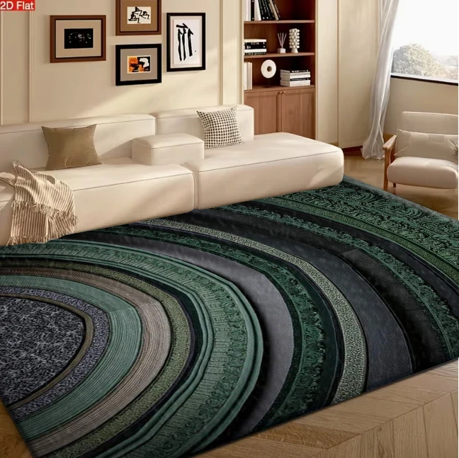 Dark Green Circular Ornate Carved Carpet Flooring, Vintage Concentric Circle Non-Slip Floor Rug for Living Room Bedroom Home Decor