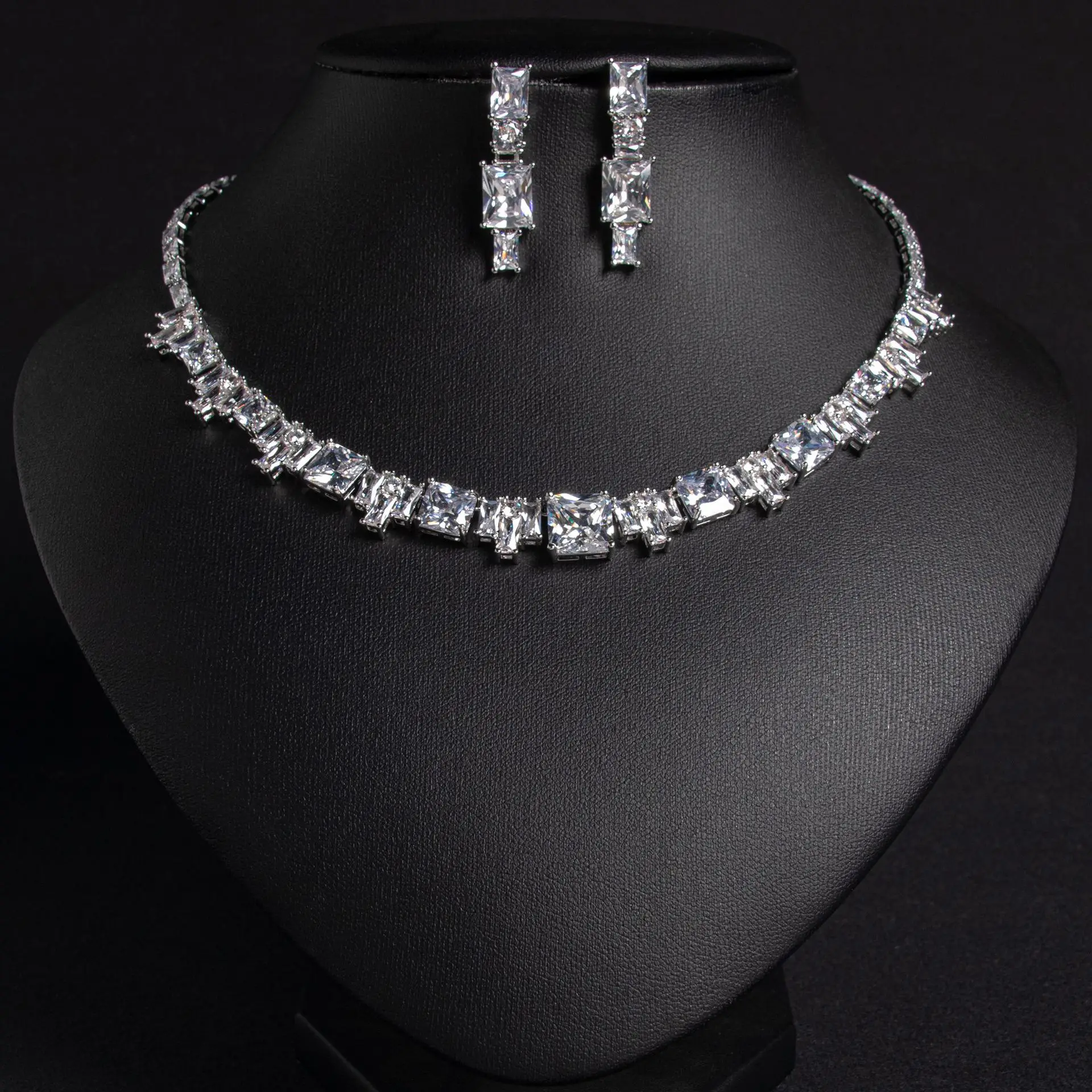 

HIBRIDE Luxury Teardrop Cut Zirconia Coloured Treasure Necklace Earrings Set Wedding Party For Women Dress Accessories S-556