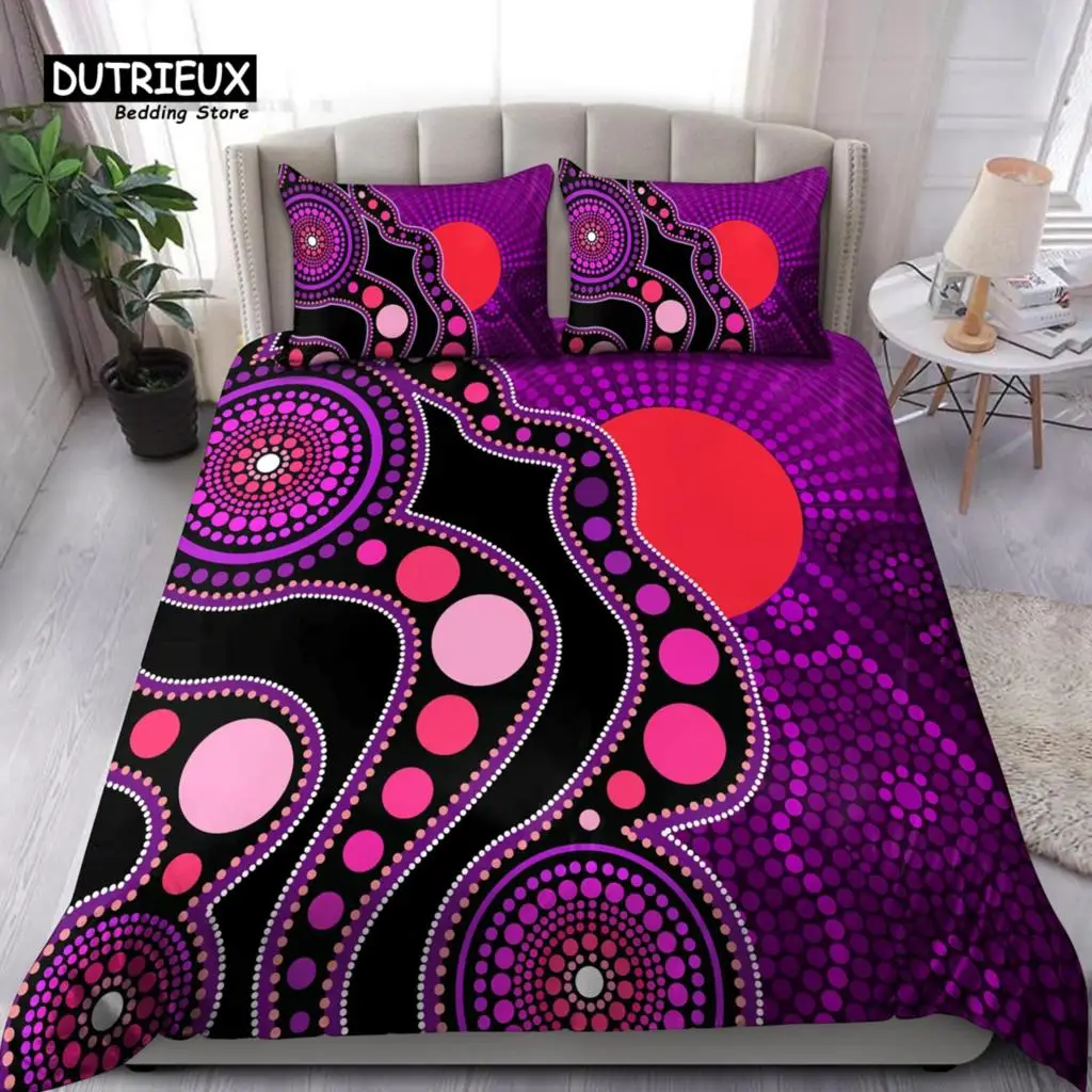 

Purple Australian Original Bedding Set Geometric Pattern Duvet Cover Microfiber Indigenous Style Comforter Cover Twin King Size