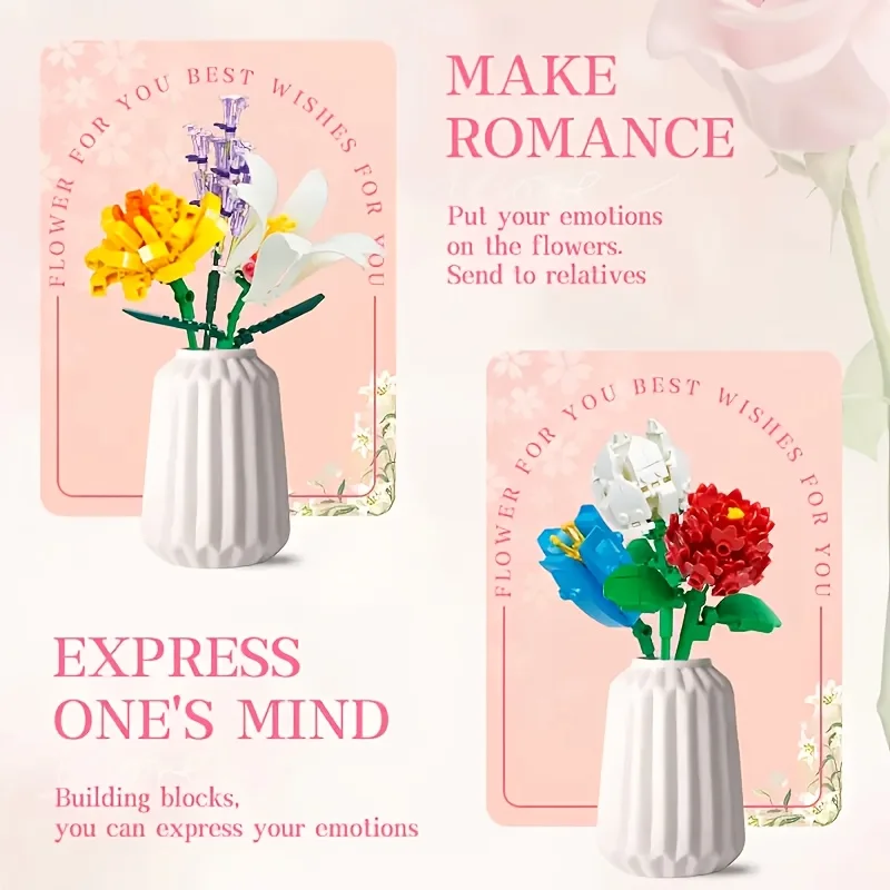 Bausatz für Blumenstrauß – ewige Rose, Bausteinspielzeug mit künstlichen Blumen, Valentinstag, Muttertag, Weihnachtsgeschenk