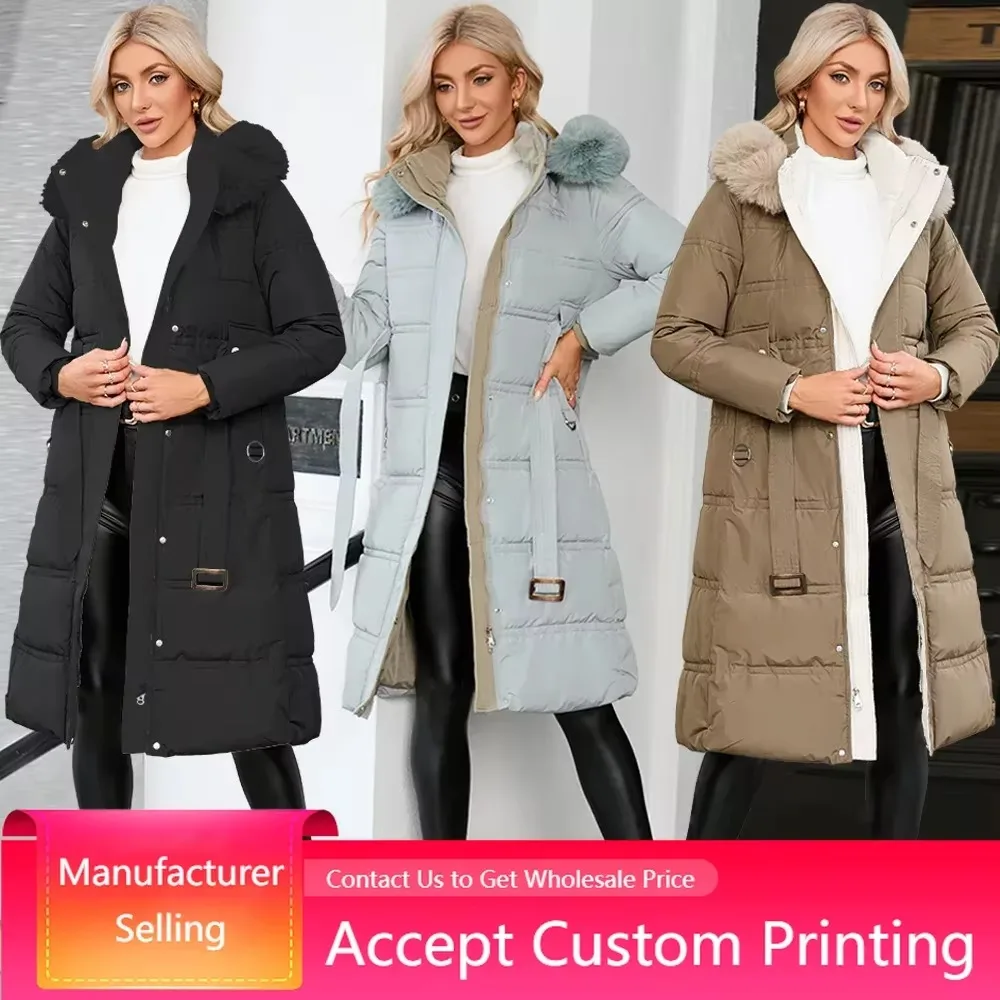2023 Winter Women New Loose Down Jackets Long Coat Hooded Jacket Fur Collar Thick Warm Snow Wear Puffer Slim Remove Hooded Parka