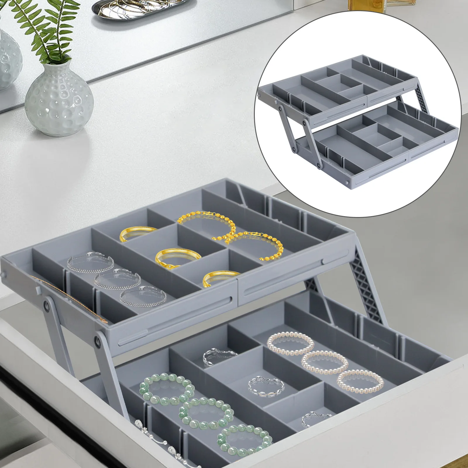 2/3 Tier Drawer Organizer Storage Tray Expandable Drawer Jewelry Box Adjustable Foldable Desktop Organizer Box Kitchen Cosmetics