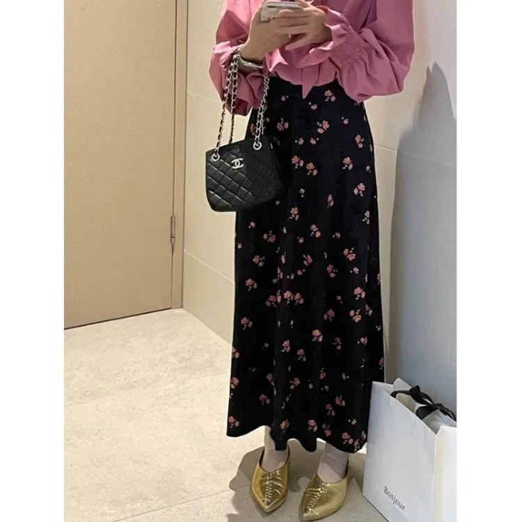 Korobov French Vintage Skirts Romantic Pink Floral Velvet Skirt Female Autumn High-waisted Y2k Clothes Korean Fashion Faldas