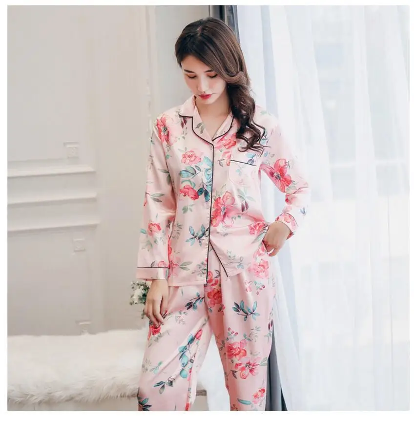 Women Silk Satin Pajamas Set Flower Print Sleepwear Suit Autumn Long Sleeves Pijama V-neck Lady Homewear Clothes Loungewear XXXL