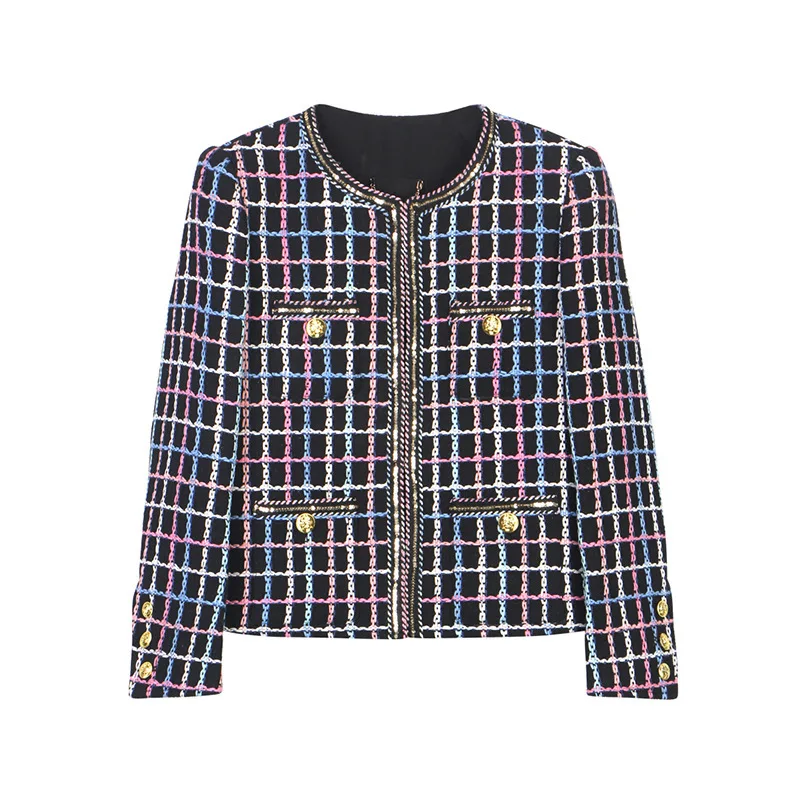 

Striped Plaid Small Fragrance High Quality Luxury Coat Women Fashion O Neck Sequins Hook French Vintage Wine Tweed Lady Coat