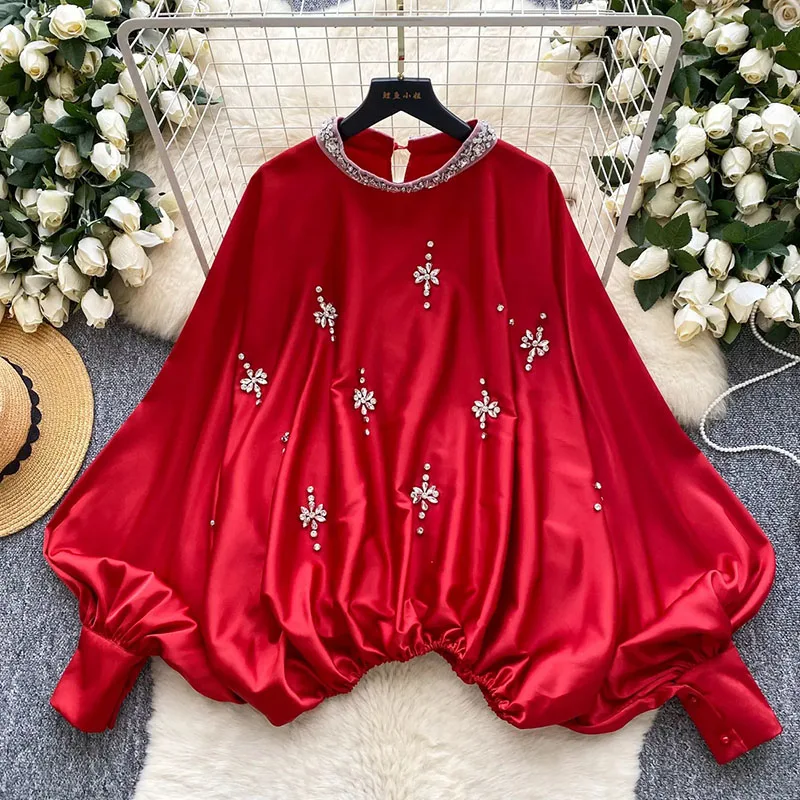 Diamonds Beading Satin Shirt Batwing Sleeves Stretchy Waist O Neck Aesthetic Blouse Feamle Senior Glamorous Gala Top