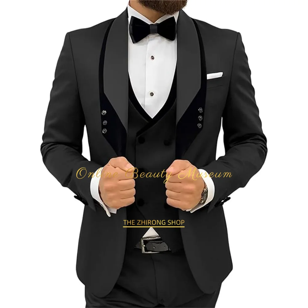 Smoking da uomo in 3 pezzi (giacca + pantaloni + gilet) Scialle nero con risvolto Abiti da sposo Abiti da cocktail per feste formali Abito elegante