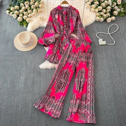 Fashion New Elegant Print Suits O Neck Lantern Sleeve Tops Wide-Leg Pants Two Pieces Set 2024 Women Casual  Party Outfits Clothe