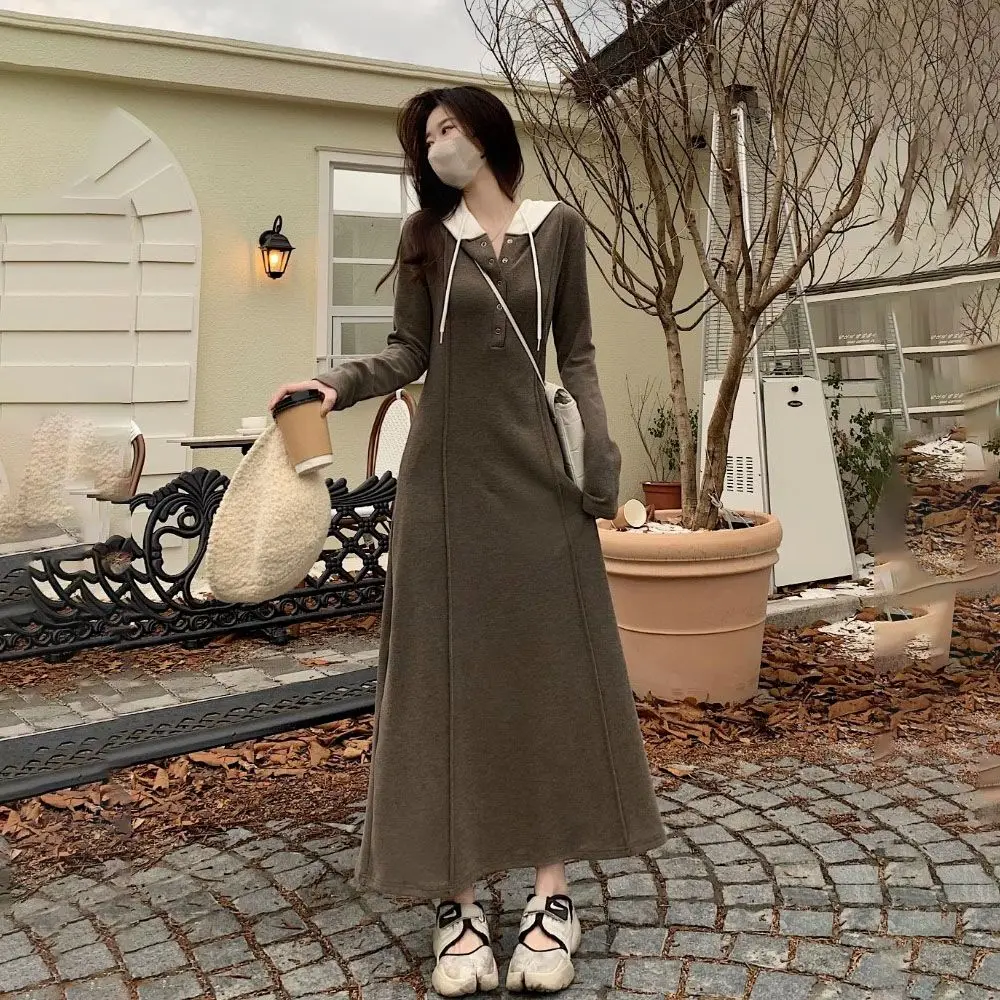 

Spring Autumn Long Dress Solid Color Sweatshirts Dresses Ladies Fashion Buttons Pullovers 2024 New Slim Hoodies Women's Clothing