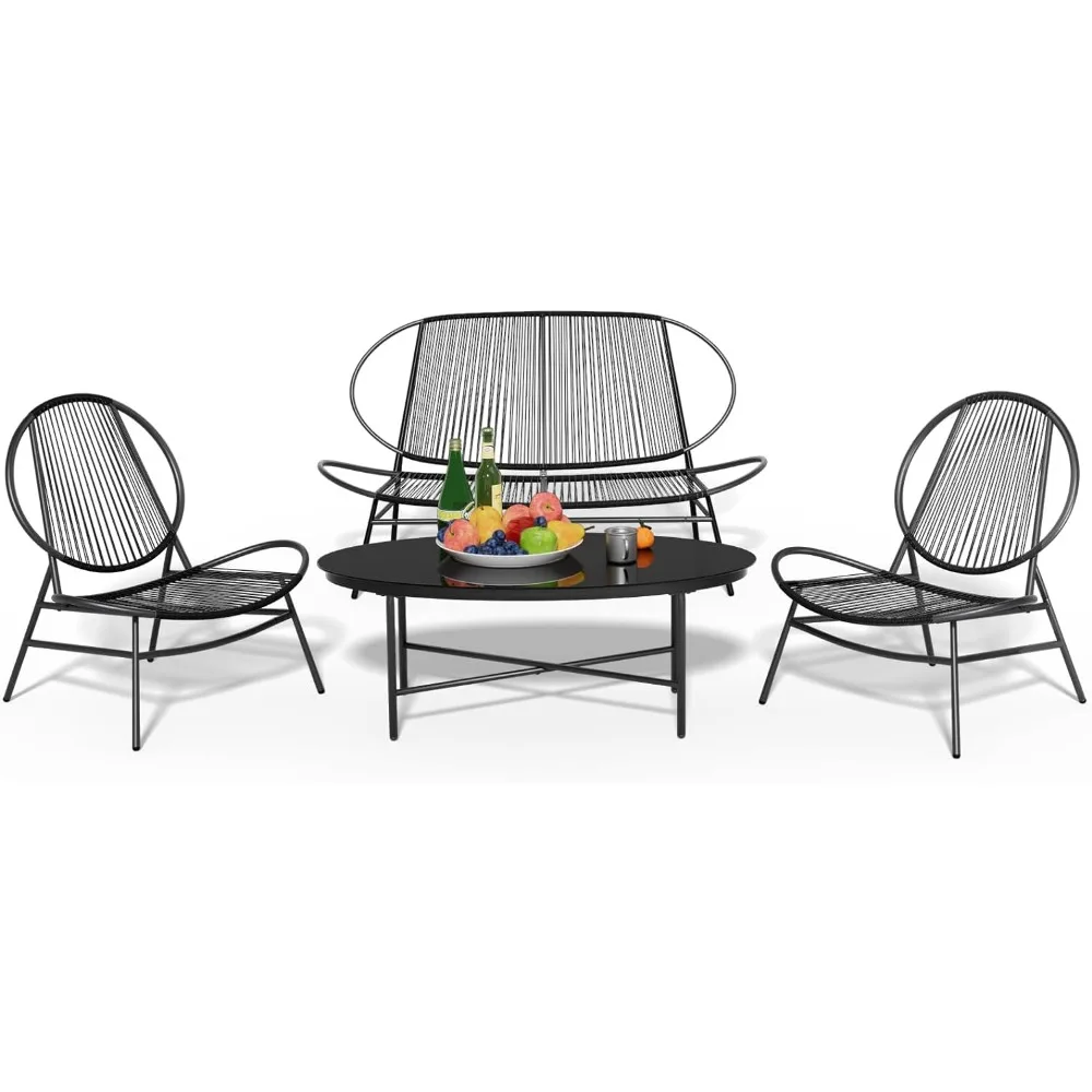 

4 Piece Outdoor Patio Furniture Set with Woven Rope, Conversation Patio Set with Tempered Glass Table, All Weather Patio