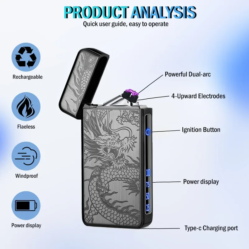 Golden Dragon Black Dragon Double Arc Plasma Lighter Type C Rechargeable Electronic Windproof Flameless Candle Lighter view 2