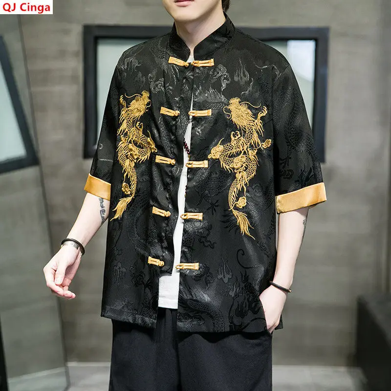 Camisa Negra de Manga Corta para Hombre, Estilo Chino, con Cuello Mao Blanco y Botones de Una Sola Fila