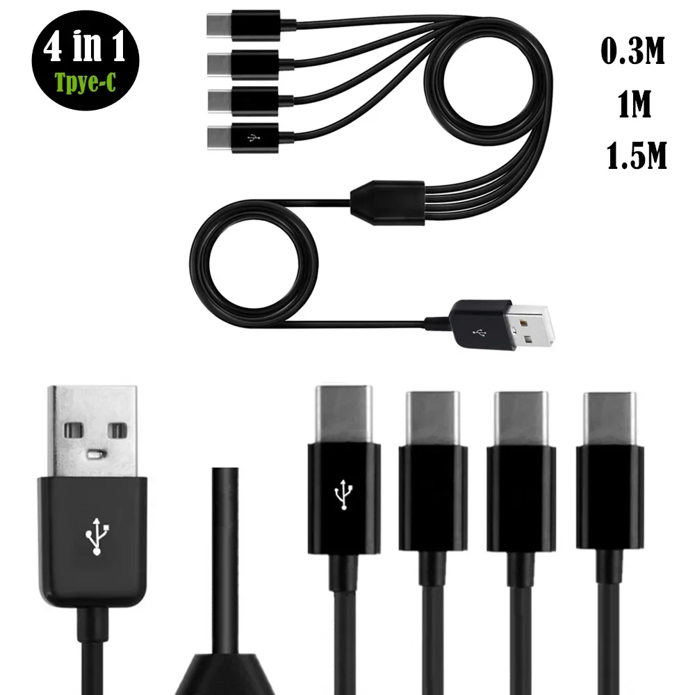 USB 2.0 Type A Male To 2/3/4 Ports Type-C Male 4 in 1 USB C Splitter Y Phone Data Sync Charging Power Adapter Cable 0.3m 1m 1.5m