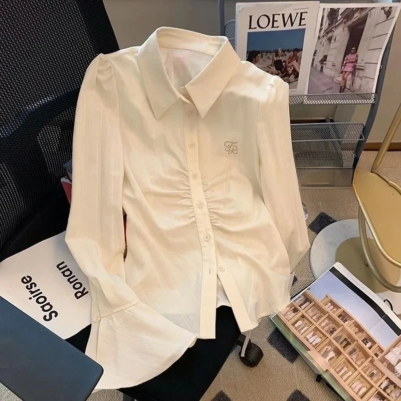 

Korean Style Flared Sleeves Shirts for Women Long Sleeve Blouse with Embroidery Blue Pleated Top Slim Chic Office Wear Y2k