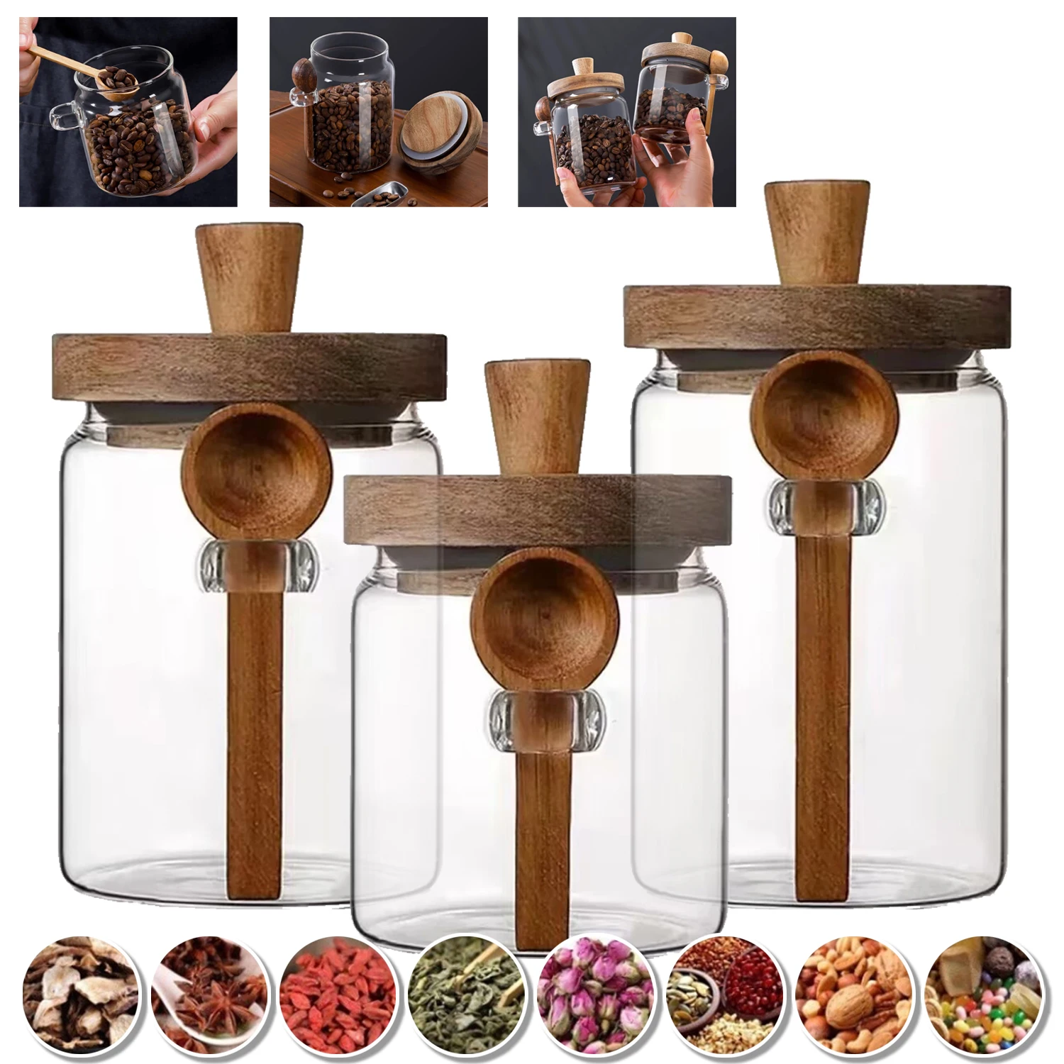 

Coffee Storage Containers Kitchen Glass Jar with Wooden Lids and Scoop for Airtight Food Sugar Coffee Bean Candy Spice Bath Salt